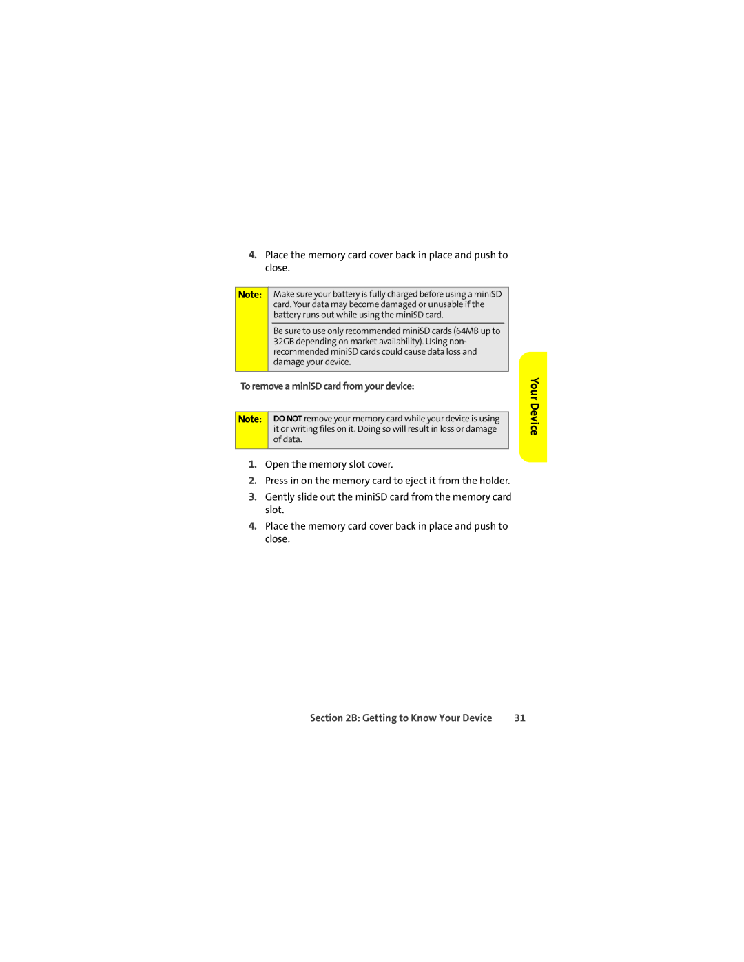 Motorola Q 9c manual Place the memory card cover back in place and push to close, To remove a miniSD card from your device 