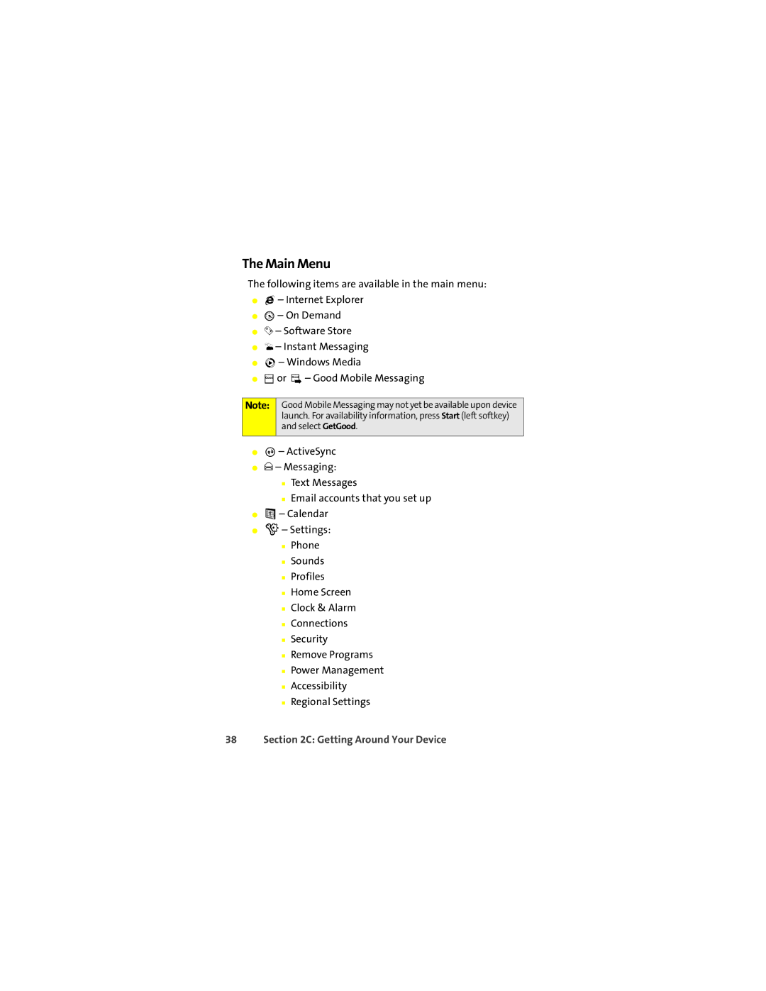 Motorola Q 9c manual Main Menu 