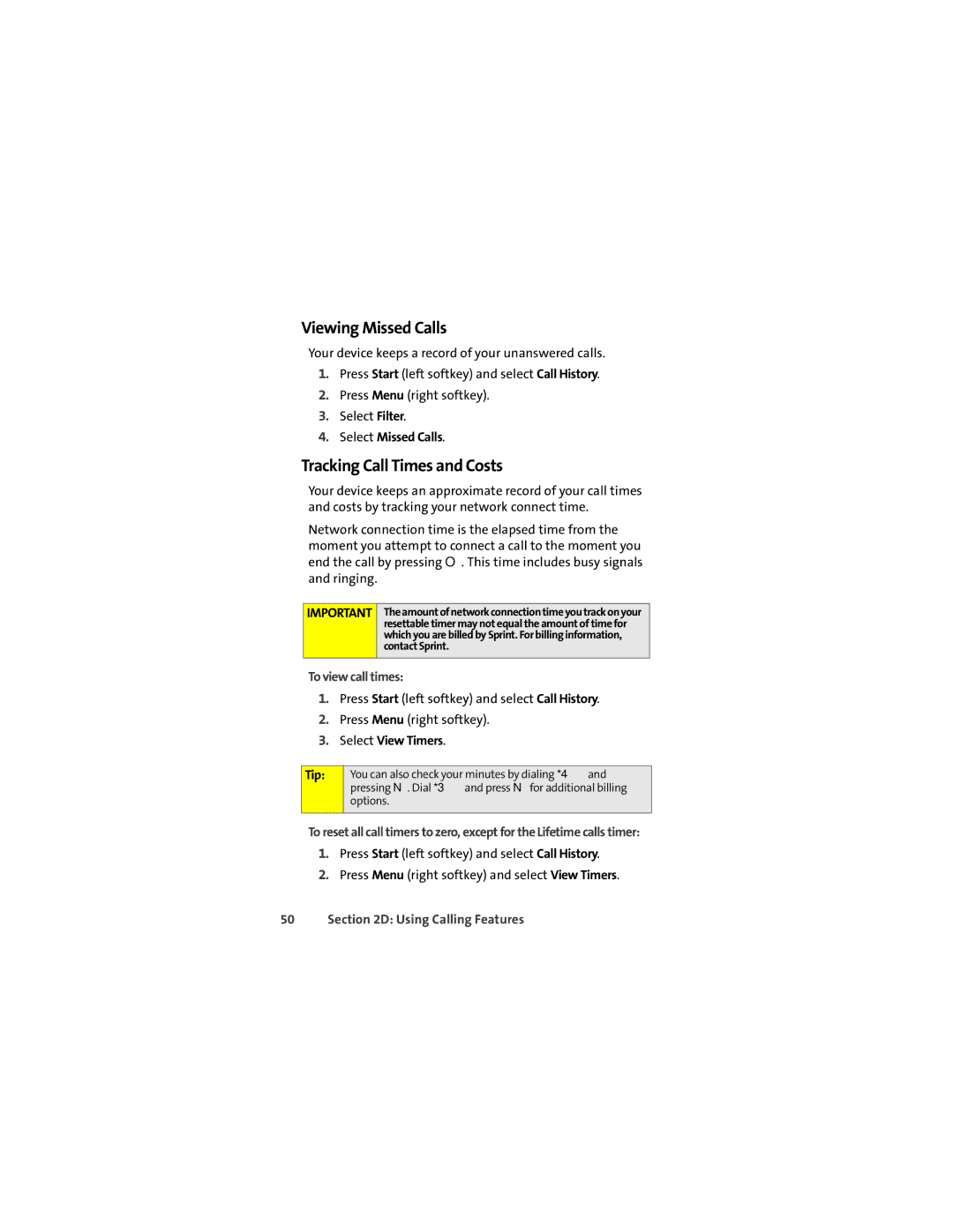 Motorola Q 9c manual Viewing Missed Calls, Tracking Call Times and Costs, Select Missed Calls, To view call times 