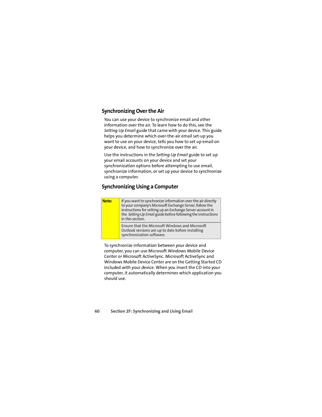 Motorola Q 9c manual Synchronizing Over the Air, Synchronizing Using a Computer 