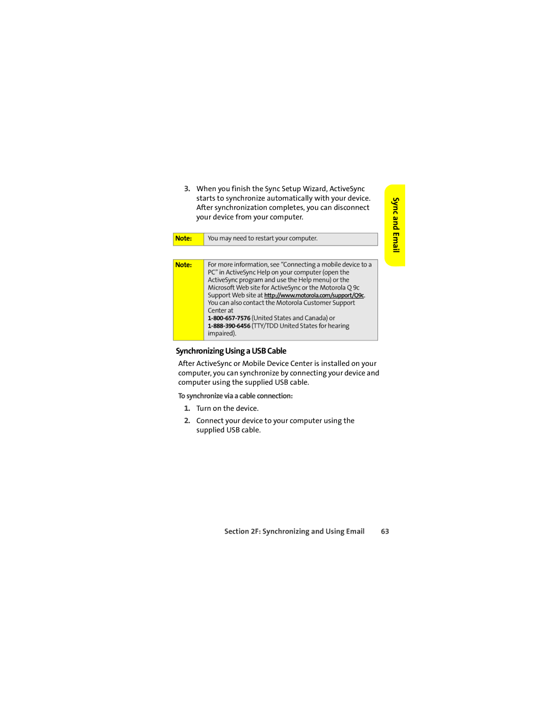 Motorola Q 9c manual Synchronizing Using a USB Cable, To synchronize via a cable connection 