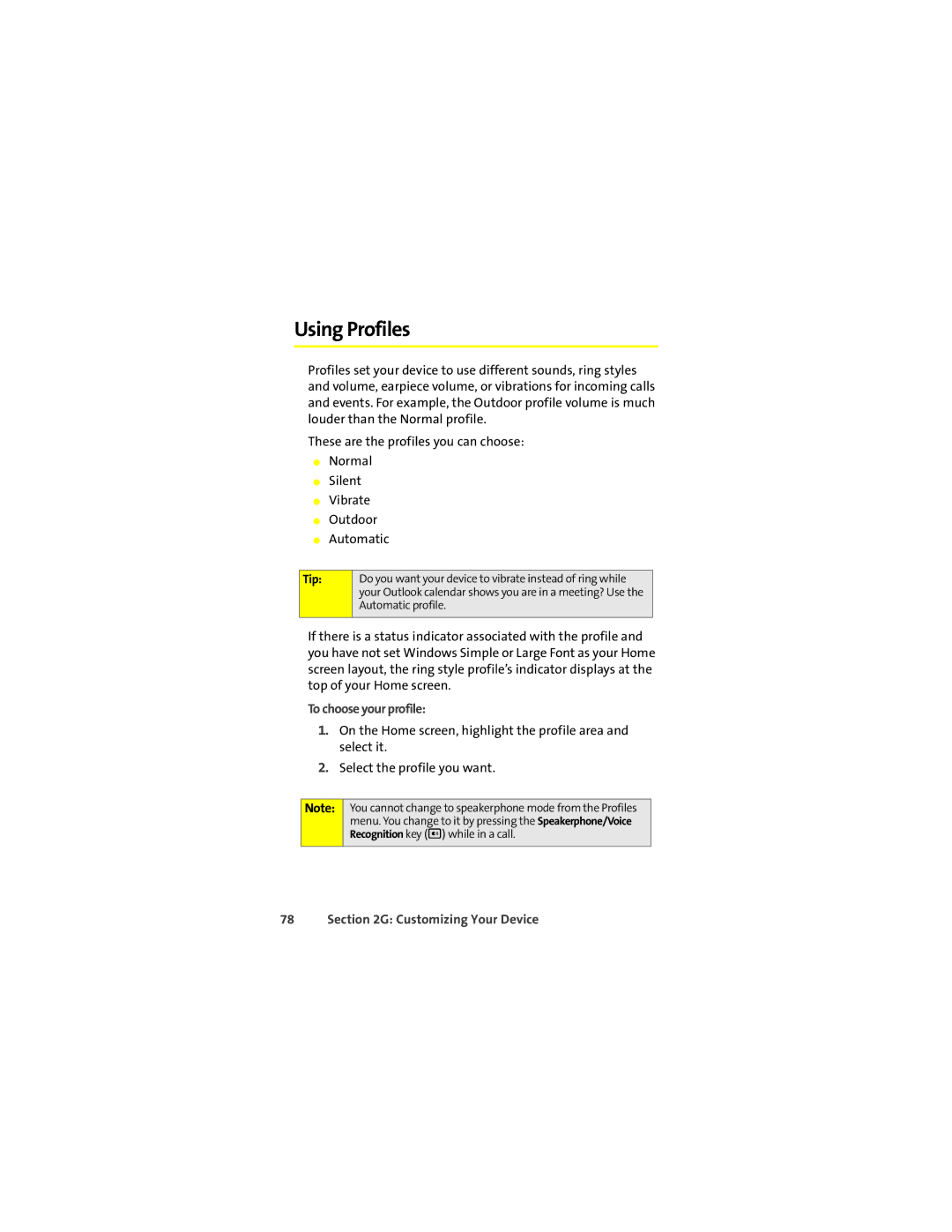 Motorola Q 9c manual Using Profiles, To choose your profile 