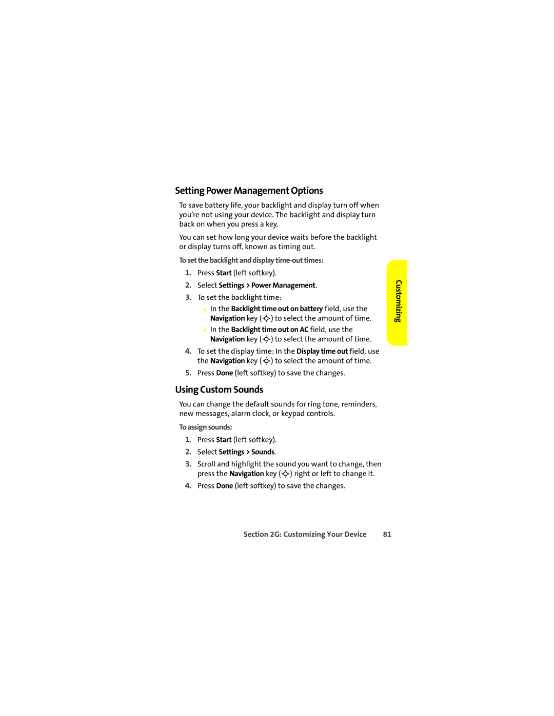 Motorola Q 9c manual Setting Power Management Options, Using Custom Sounds, To set the backlight and display time-out times 