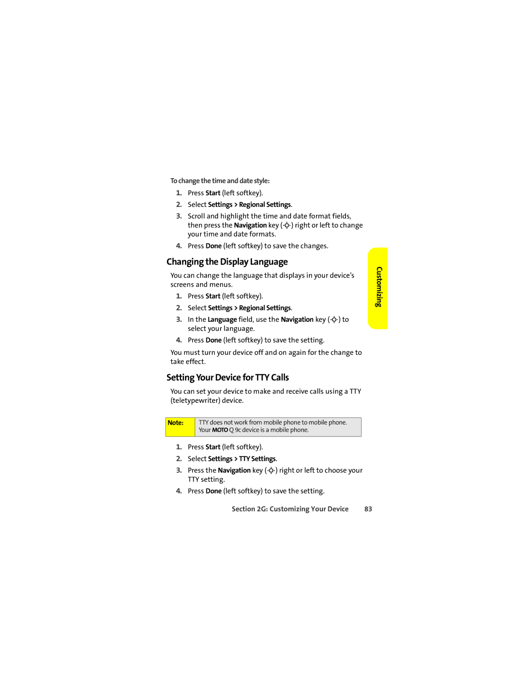 Motorola Q 9c manual Changing the Display Language, Setting Your Device for TTY Calls, To change the time and date style 