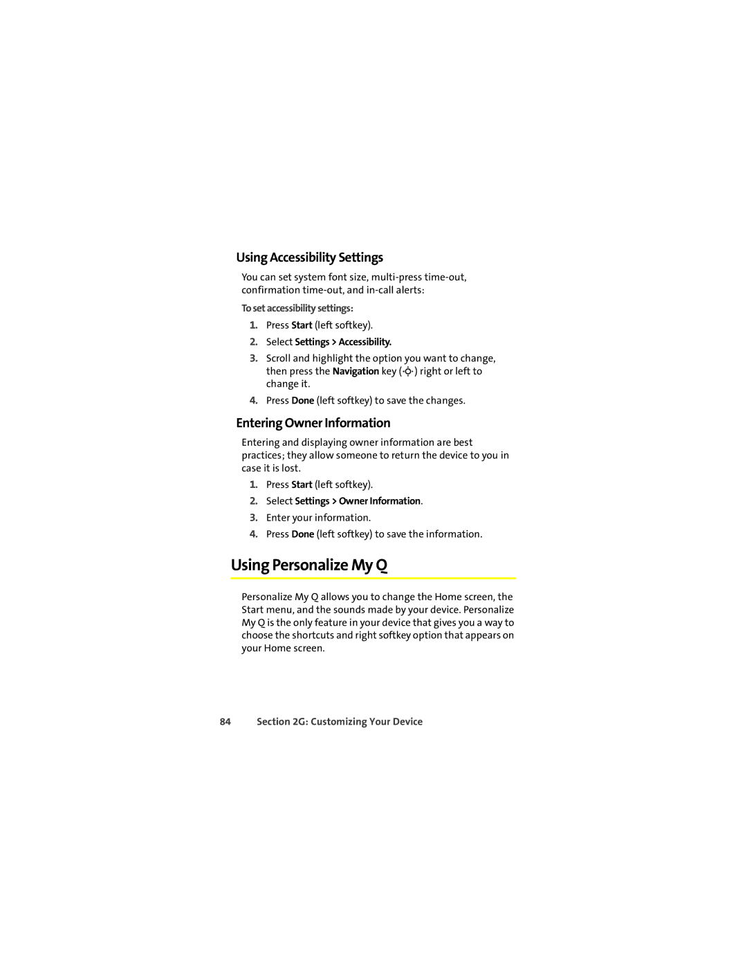 Motorola Q 9c manual Using Personalize My Q, Using Accessibility Settings, Entering Owner Information 