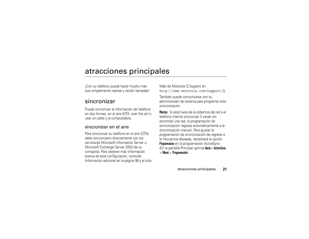 Motorola Q manual Atracciones principales, Sincronizar en el aire, Menú Programación 