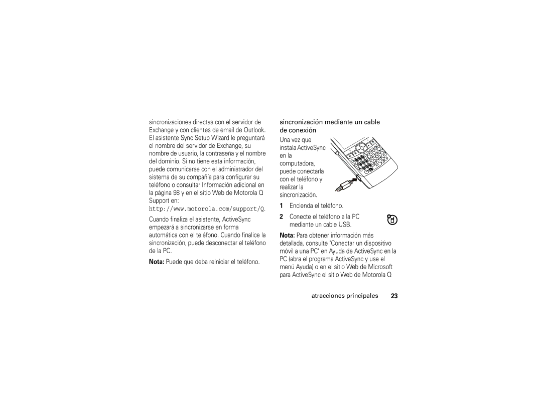 Motorola Q manual Sincronización mediante un cable de conexión 