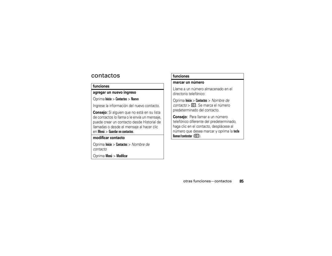 Motorola Q manual Oprima Inicio Contactos Nuevo, Oprima Menú Modificar, Otras funciones-contactos 