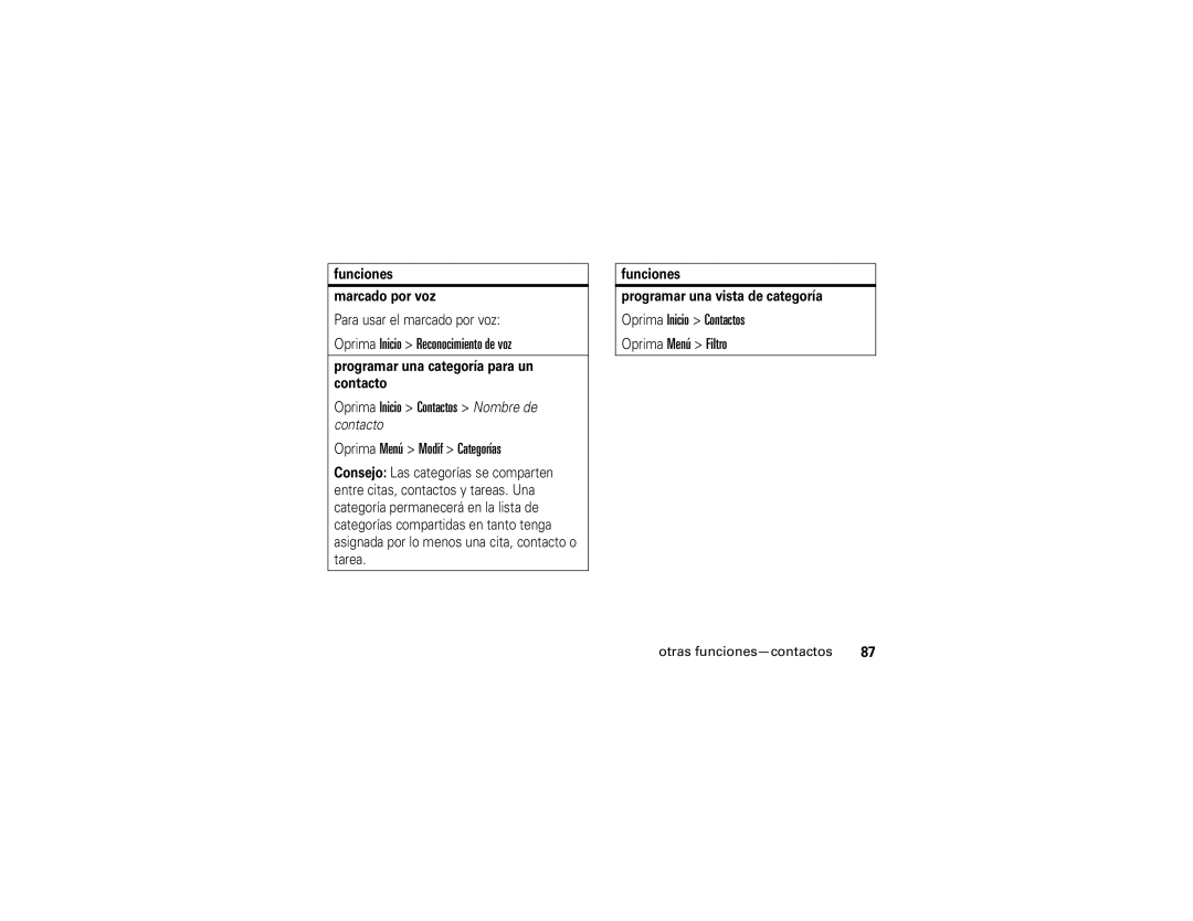 Motorola Q Oprima Inicio Reconocimiento de voz, Oprima Menú Modif Categorías, Oprima Inicio Contactos Oprima Menú Filtro 