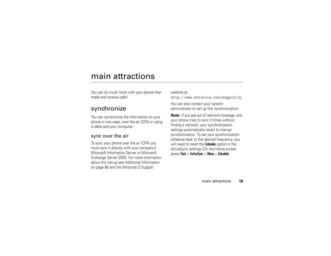 Motorola Q manual Main attractions, Synchronize, Sync over the air 