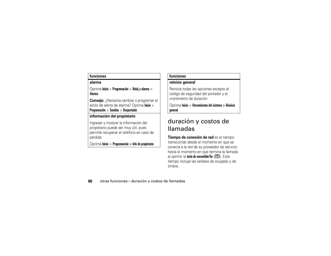 Motorola Q manual Duración y costos de llamadas, Oprima Inicio Programación Reloj y alarma Alarma 