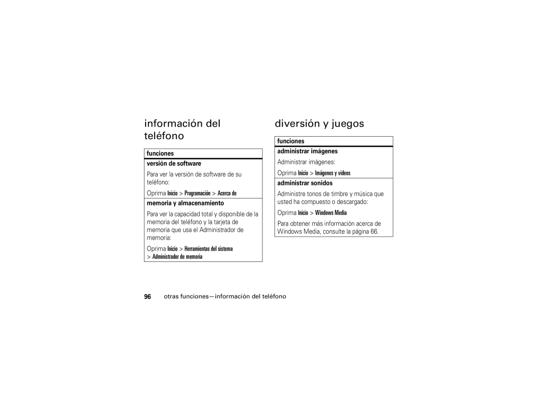 Motorola Q Información del teléfono, Diversión y juegos, Oprima Inicio Programación Acerca de, Oprima Inicio Windows Media 