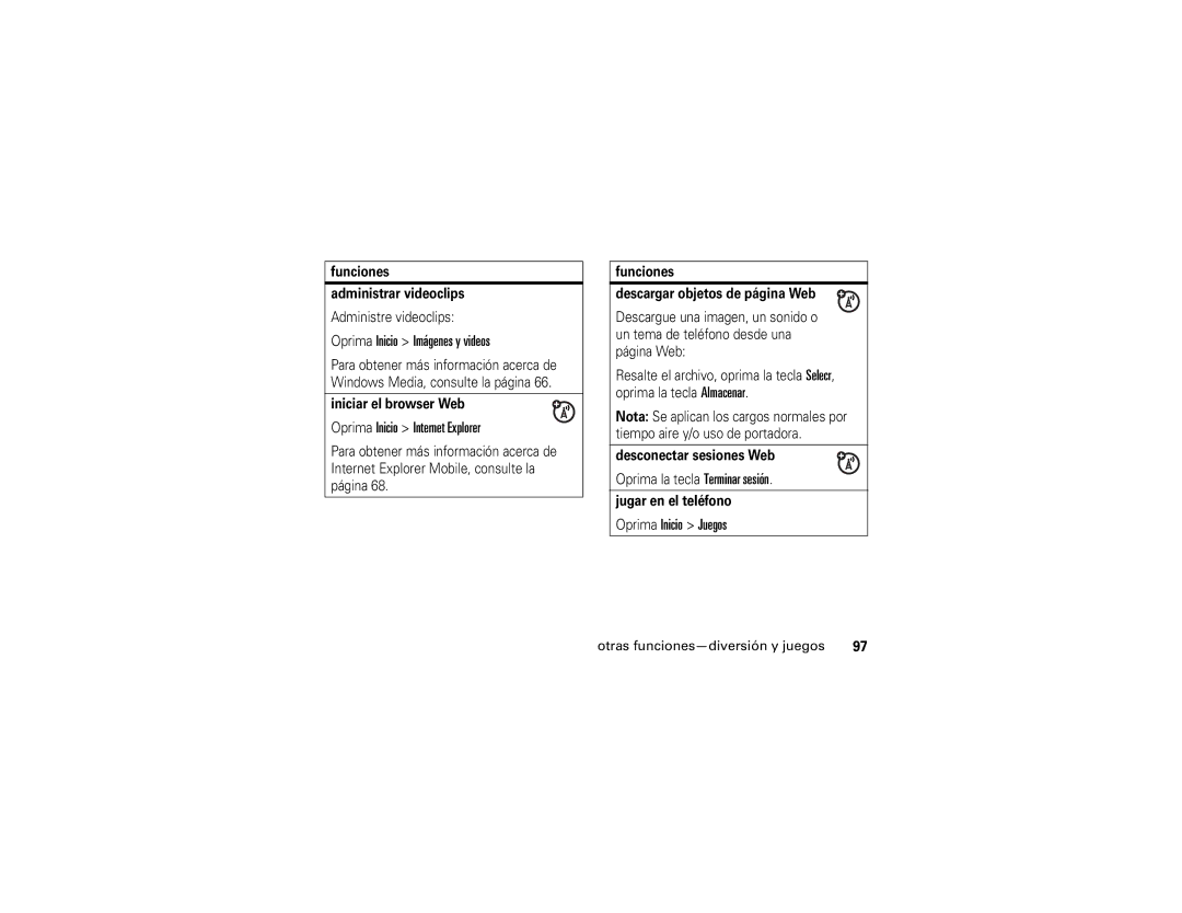 Motorola Q manual Oprima Inicio Internet Explorer, Oprima Inicio Juegos, Otras funciones-diversión y juegos 