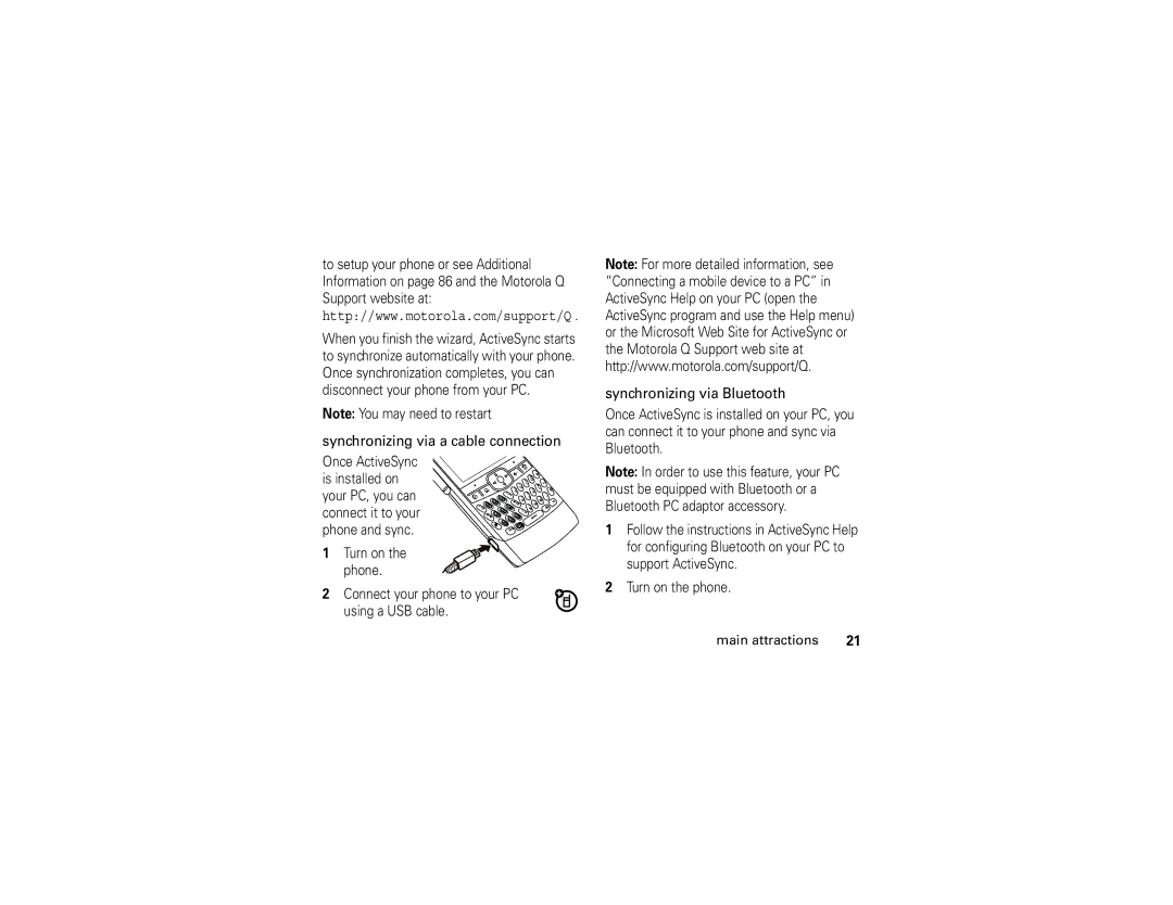 Motorola Q manual Synchronizing via a cable connection, Synchronizing via Bluetooth 