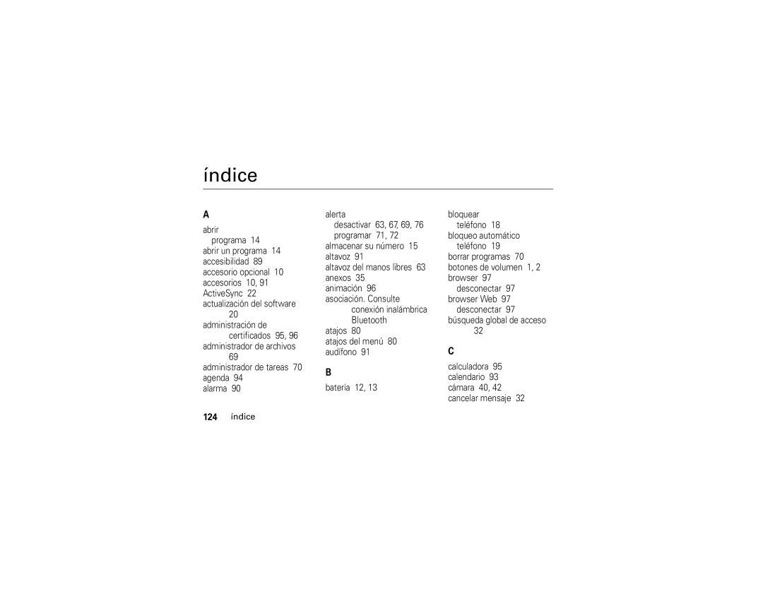 Motorola Q manual Índice, 124 índice 