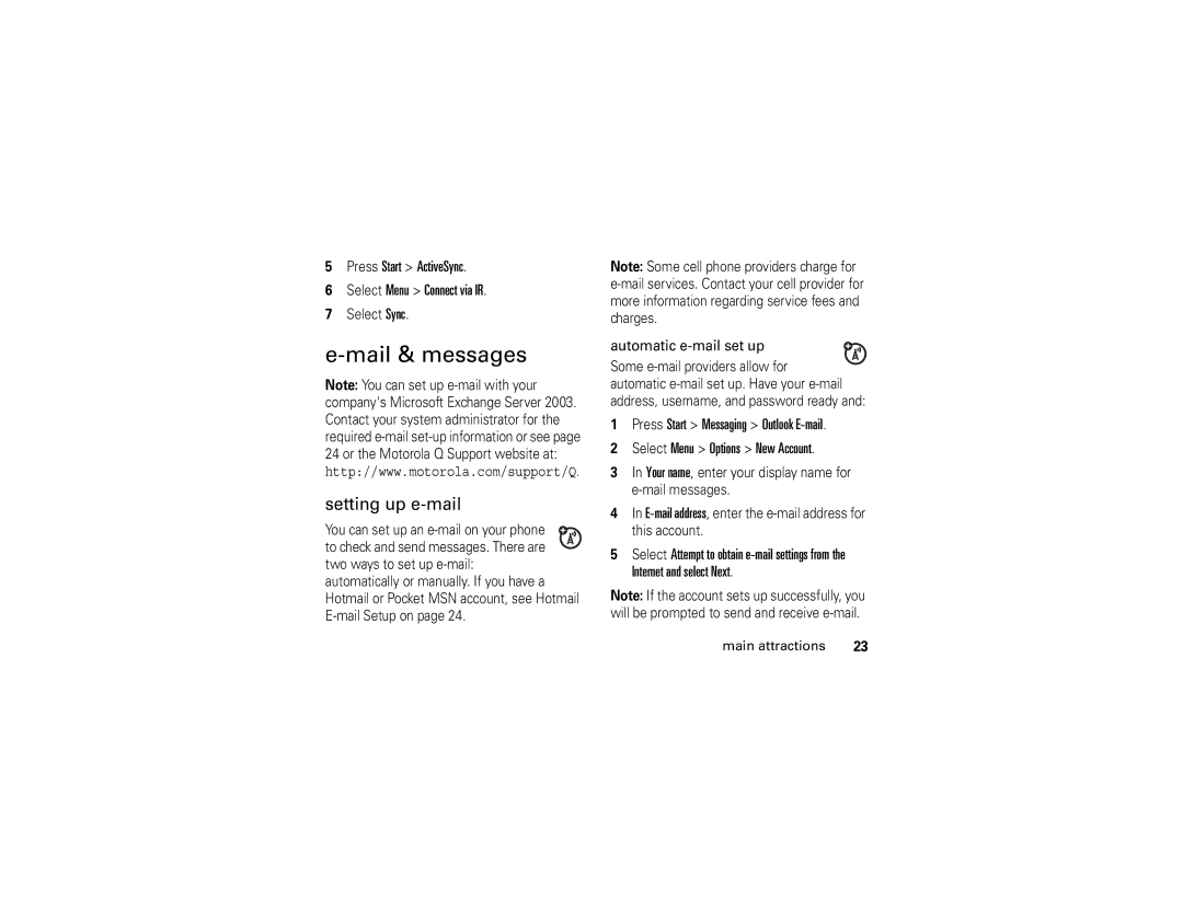 Motorola Q Mail & messages, Setting up e-mail, Press Start ActiveSync Select Menu Connect via IR, Internet and select Next 