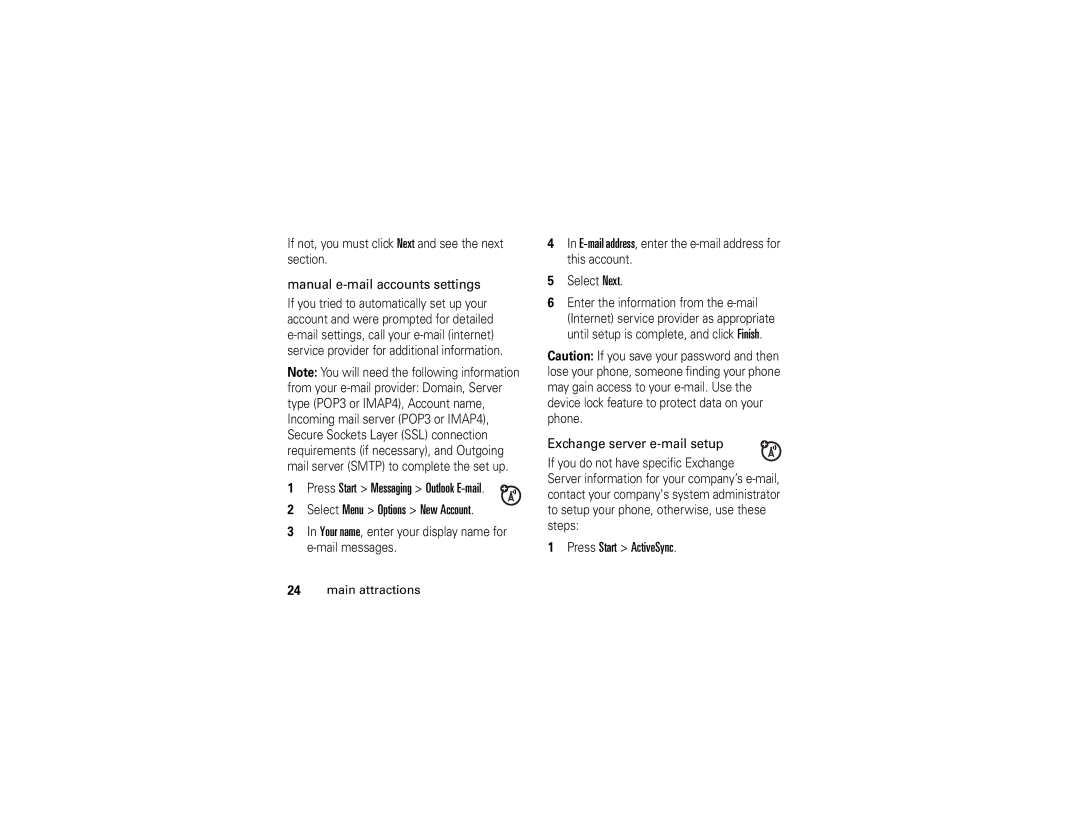 Motorola Q manual Manual e-mail accounts settings, Exchange server e-mail setup 