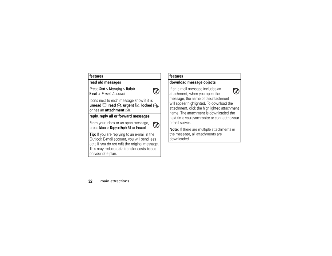 Motorola Q manual Press Start Messaging Outlook, Features Read old messages, Features Download message objects 