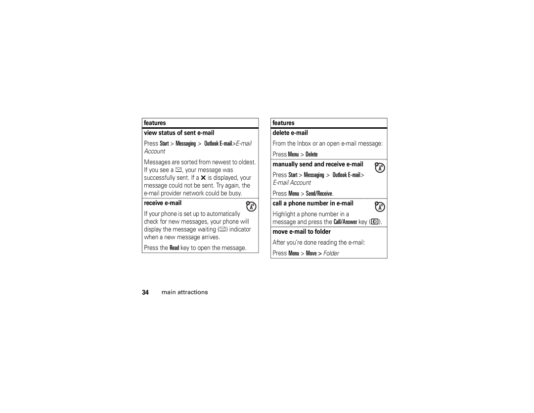 Motorola Q Press Menu Delete, Press Menu Send/Receive, Press Menu Move Folder, Press Start Messaging Outlook E-mailE-mail 