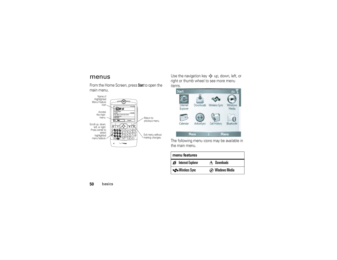 Motorola Q manual Menus, Internet Explorer Downloads VWireless Sync Windows Media, Menu features 