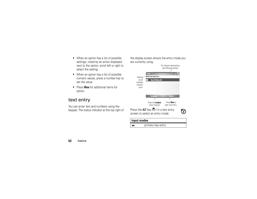 Motorola Q manual Text entry, Input modes 