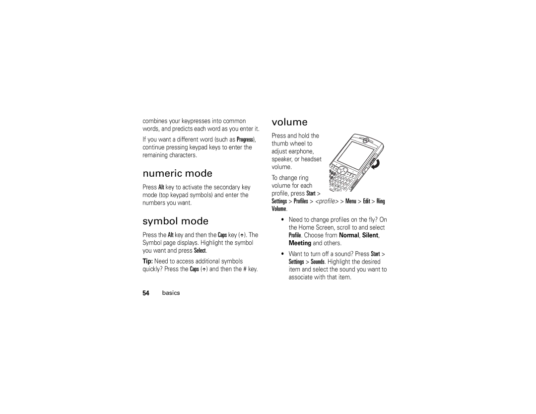 Motorola Q manual Numeric mode, Symbol mode, Settings Profiles profile Menu Edit Ring Volume 