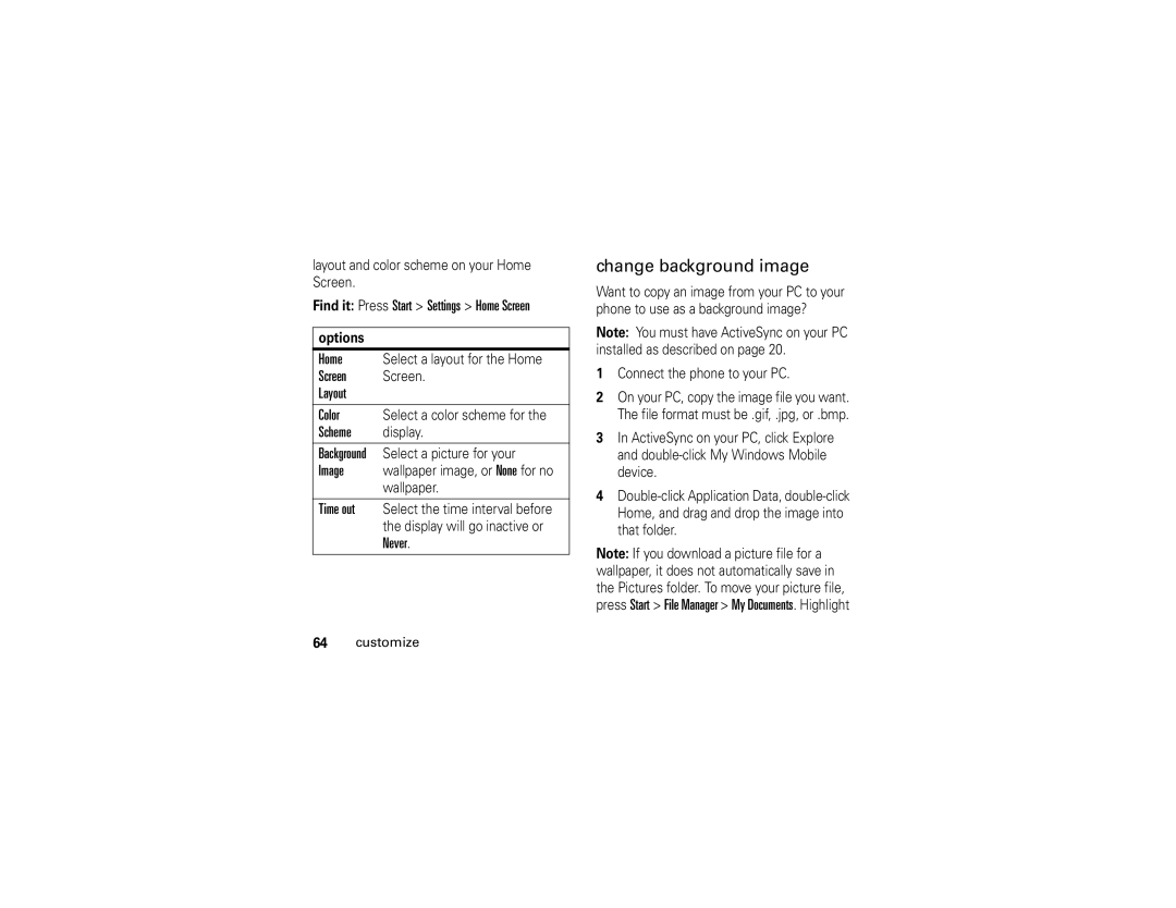 Motorola Q manual Change background image, Find it Press Start Settings Home Screen, Screen Screen Layout, Options 