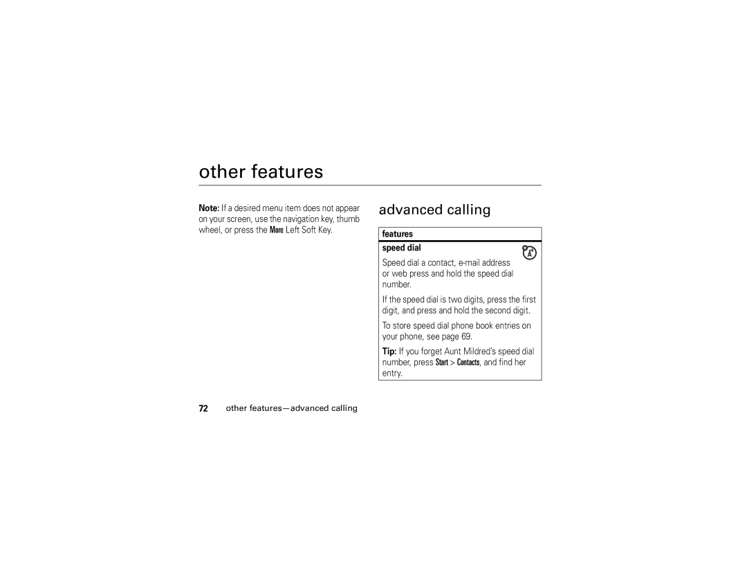 Motorola Q manual Advanced calling, Other features-advanced calling, Features Speed dial 