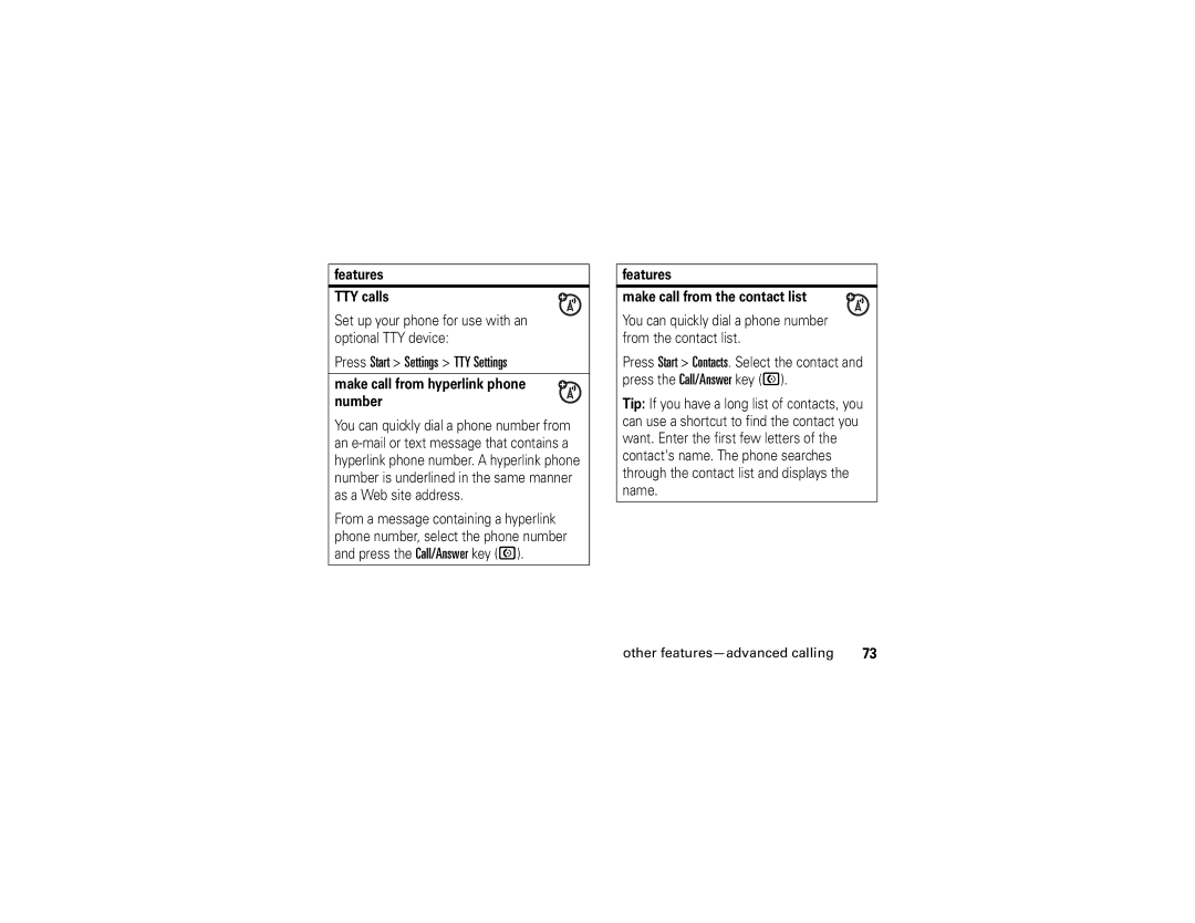 Motorola Q manual Press Start Settings TTY Settings, Features TTY calls, Make call from hyperlink phone number 