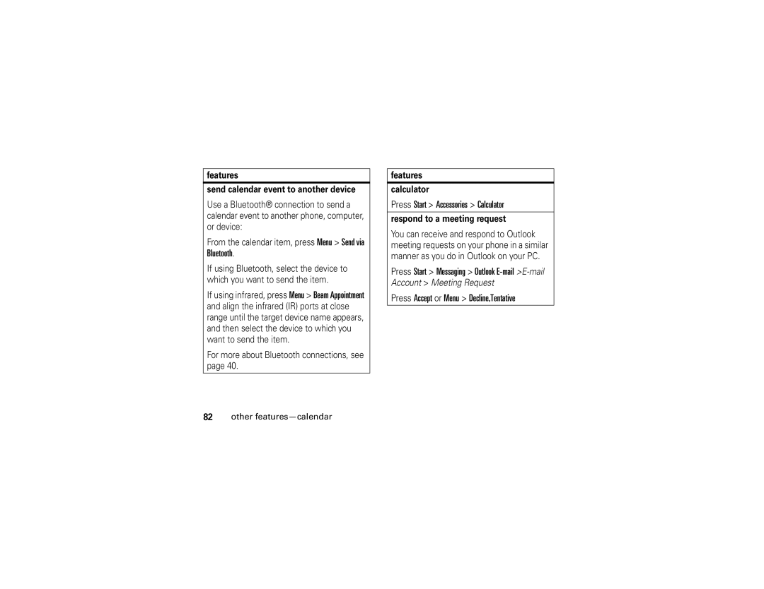 Motorola Q manual Press Start Accessories Calculator, Press Accept or Menu Decline,Tentative, Features Calculator 