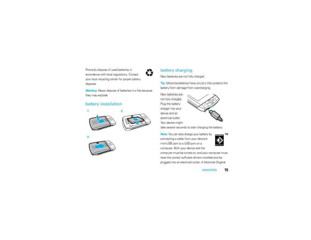 Motorola Q700 manual Battery installation Battery charging 