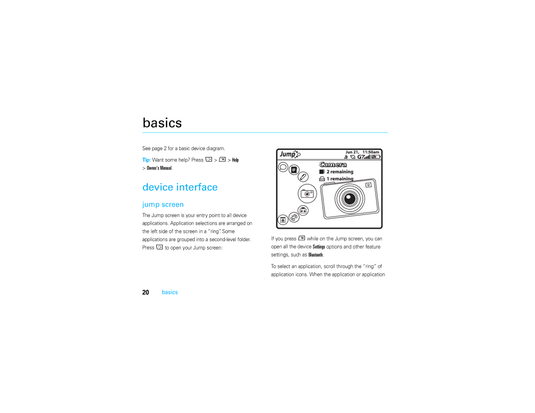 Motorola Q700 manual Basics, Device interface, Jump screen 