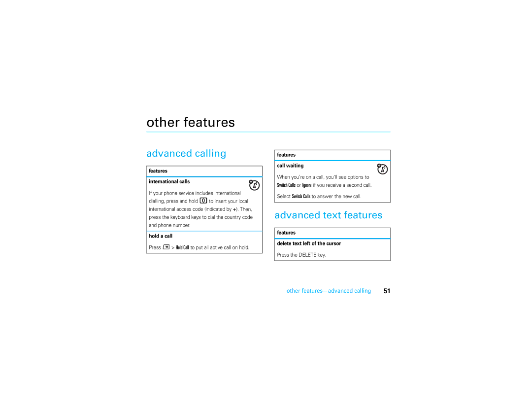Motorola Q700 manual Advanced calling, Advanced text features, Other features-advanced calling 