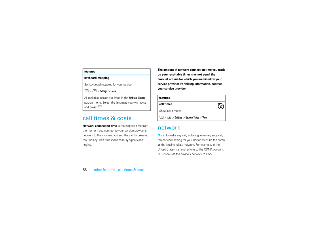Motorola Q700 manual Call times & costs, Settings Network Status Voice, Other features-call times & costs 