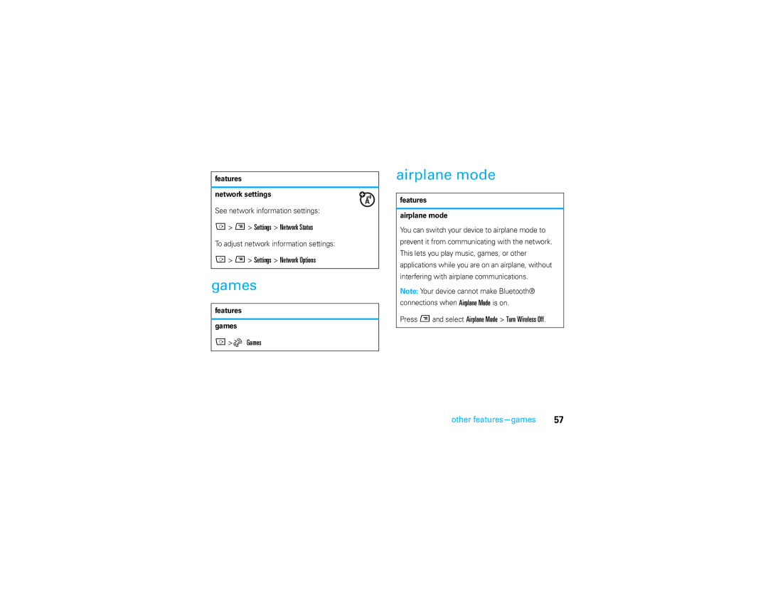 Motorola Q700 manual Games, Airplane mode, Other features-games 