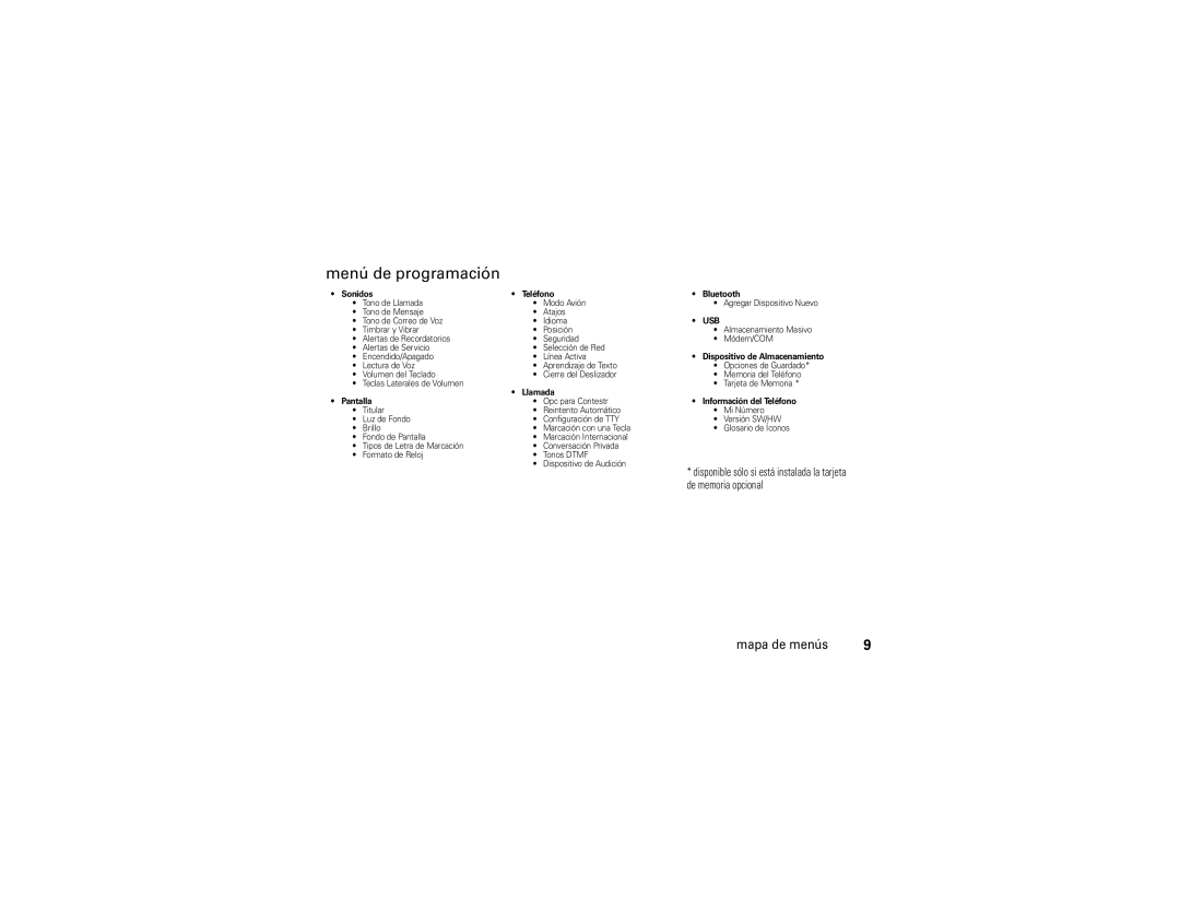 Motorola QA30 manual Menú de programación, Sonidos Teléfono Bluetooth 