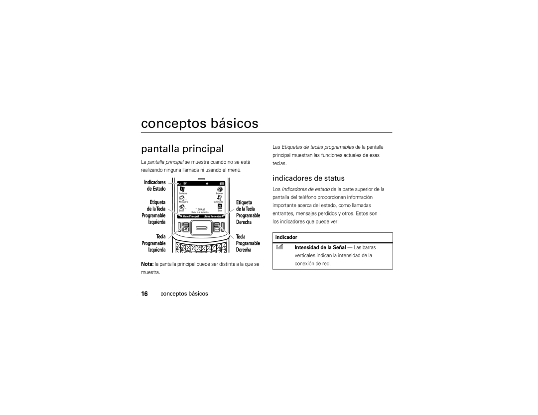 Motorola QA30 manual Conceptos básicos, Pantalla principal, Indicadores de status 