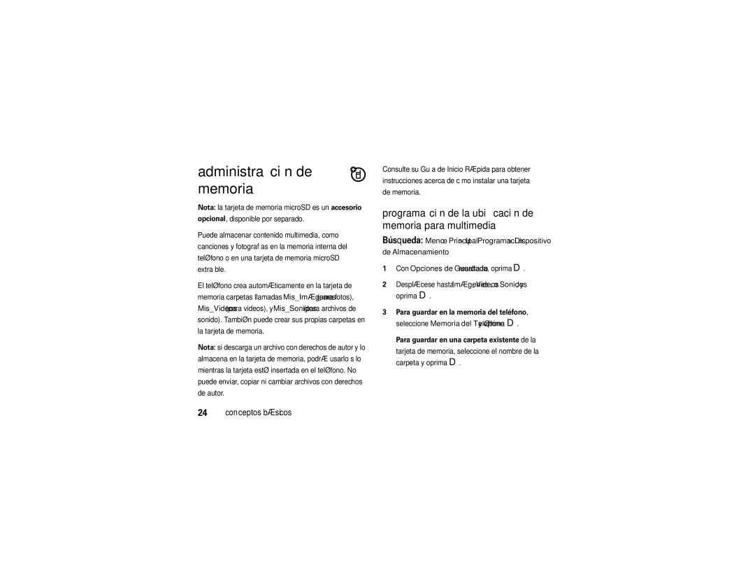 Motorola QA30 manual Administración de memoria, Programación de la ubicación de memoria para multimedia, De Almacenamiento 