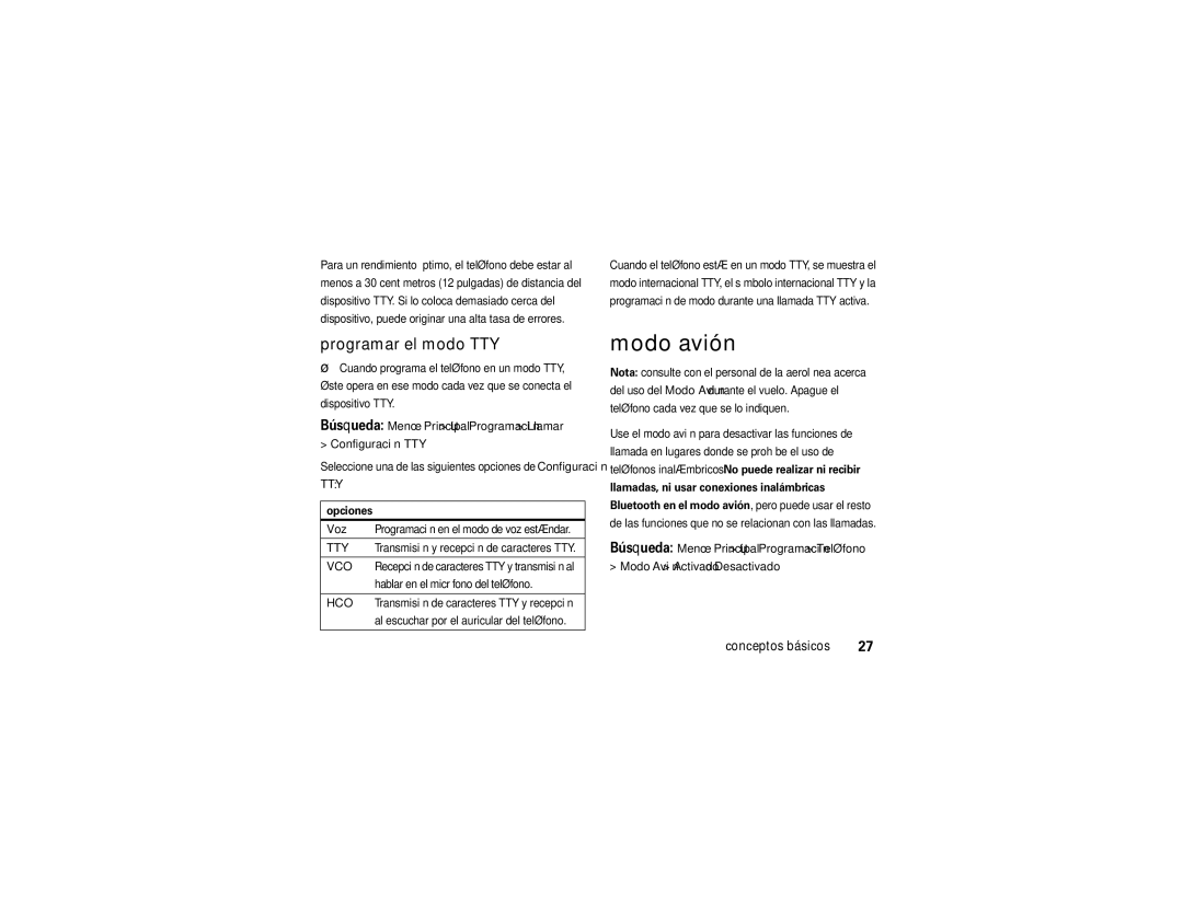 Motorola QA30 manual Modo avión, Programar el modo TTY, Configuración TTY, Voz 