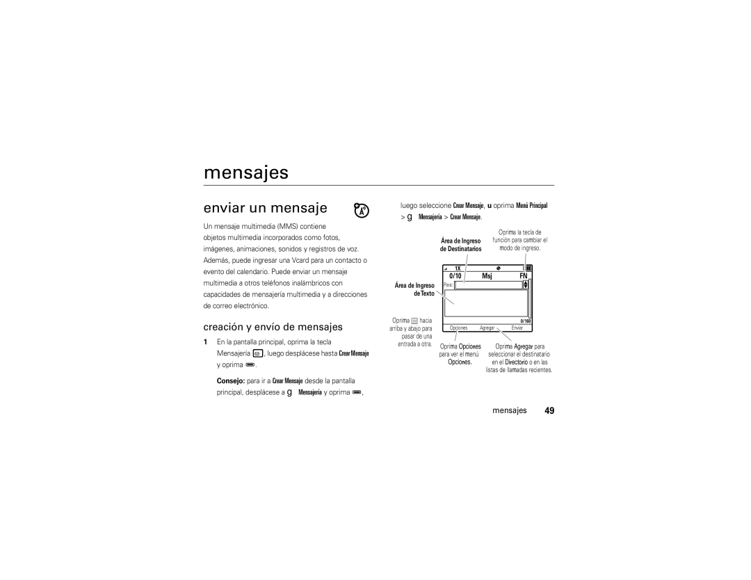 Motorola QA30 manual Mensajes, Enviar un mensaje, Creación y envío de mensajes 