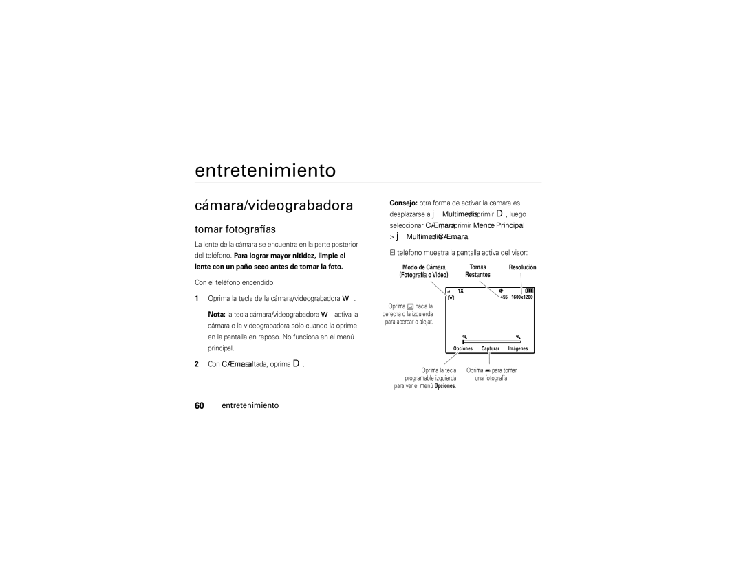 Motorola QA30 manual Entretenimiento, Cámara/videograbadora, Tomar fotografías, Multimedia Cámara 