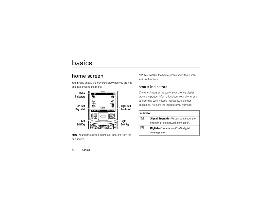 Motorola QA30 manual Basics, Home screen, Status indicators, Indicator 