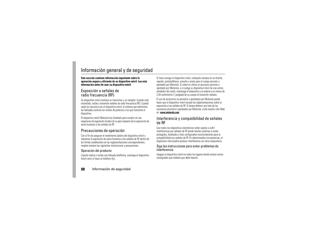 Motorola QA30 manual Información general y de seguridad, Operación del producto, Información de seguridad 