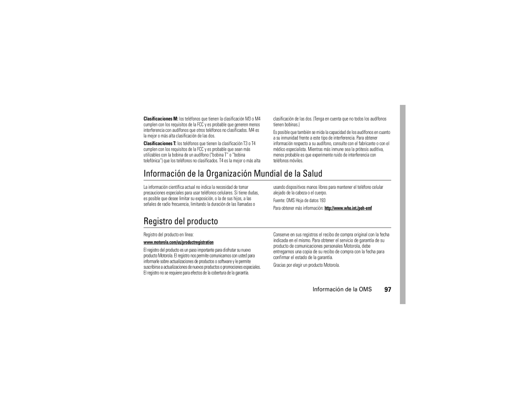 Motorola QA30 manual Información de la Organización Mundial de la Salud, Registro del producto, Información de la OMS 