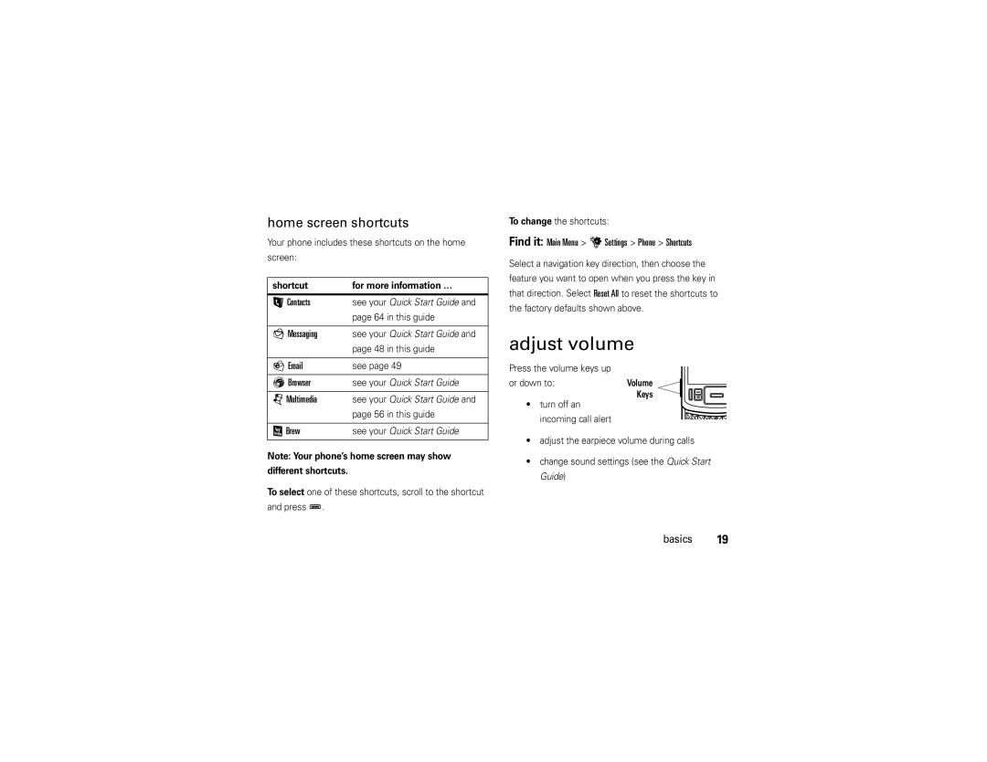 Motorola QA30 manual Adjust volume, Home screen shortcuts 