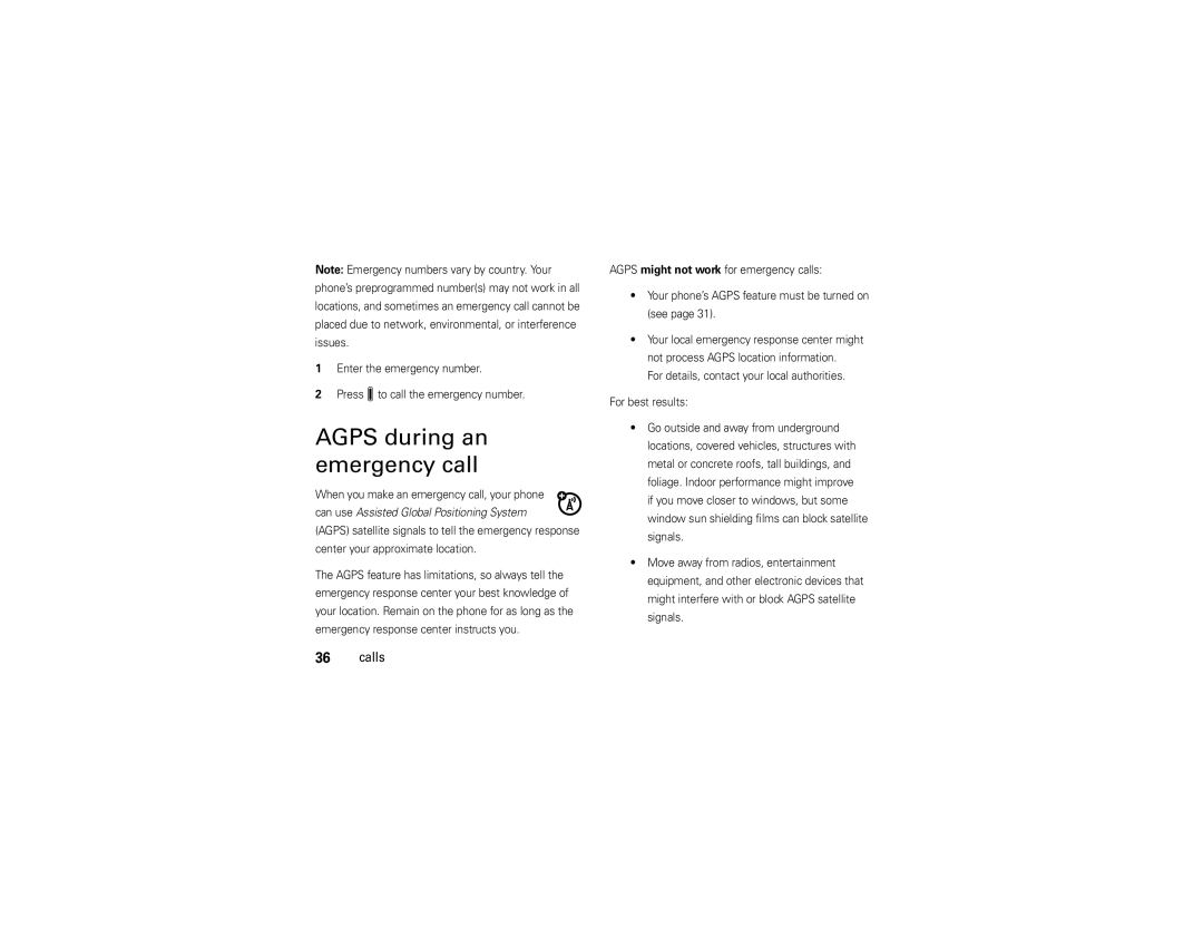 Motorola QA30 manual Agps during an emergency call 