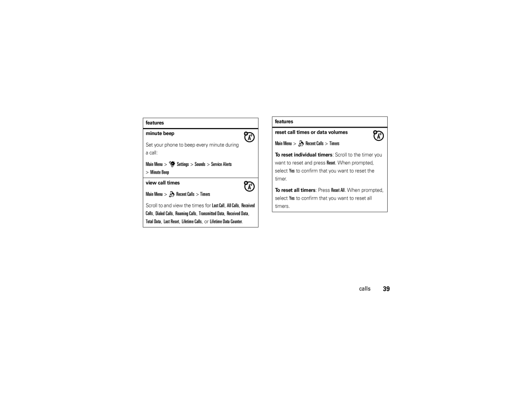 Motorola QA30 Main Menu u Settings Sounds Service Alerts Minute Beep, Main Menu q Recent Calls Timers, View call times 