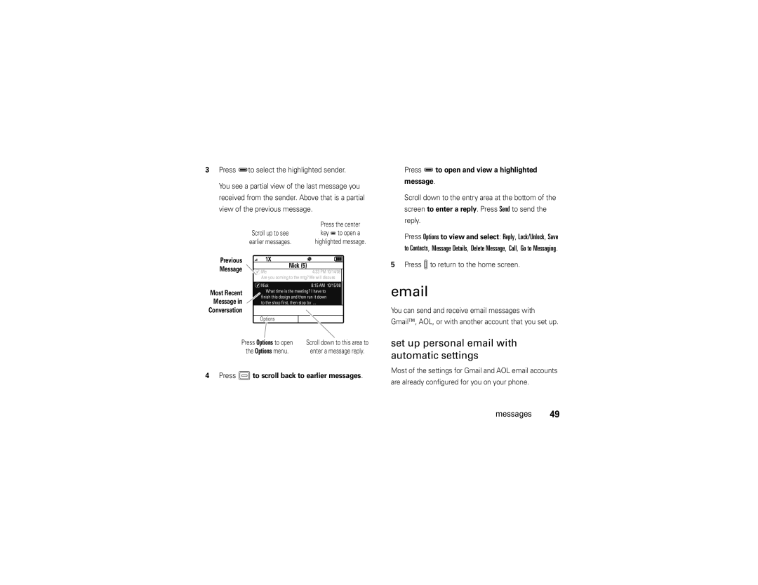 Motorola QA30 manual Set up personal email with automatic settings, Press Dto open and view a highlighted Message 