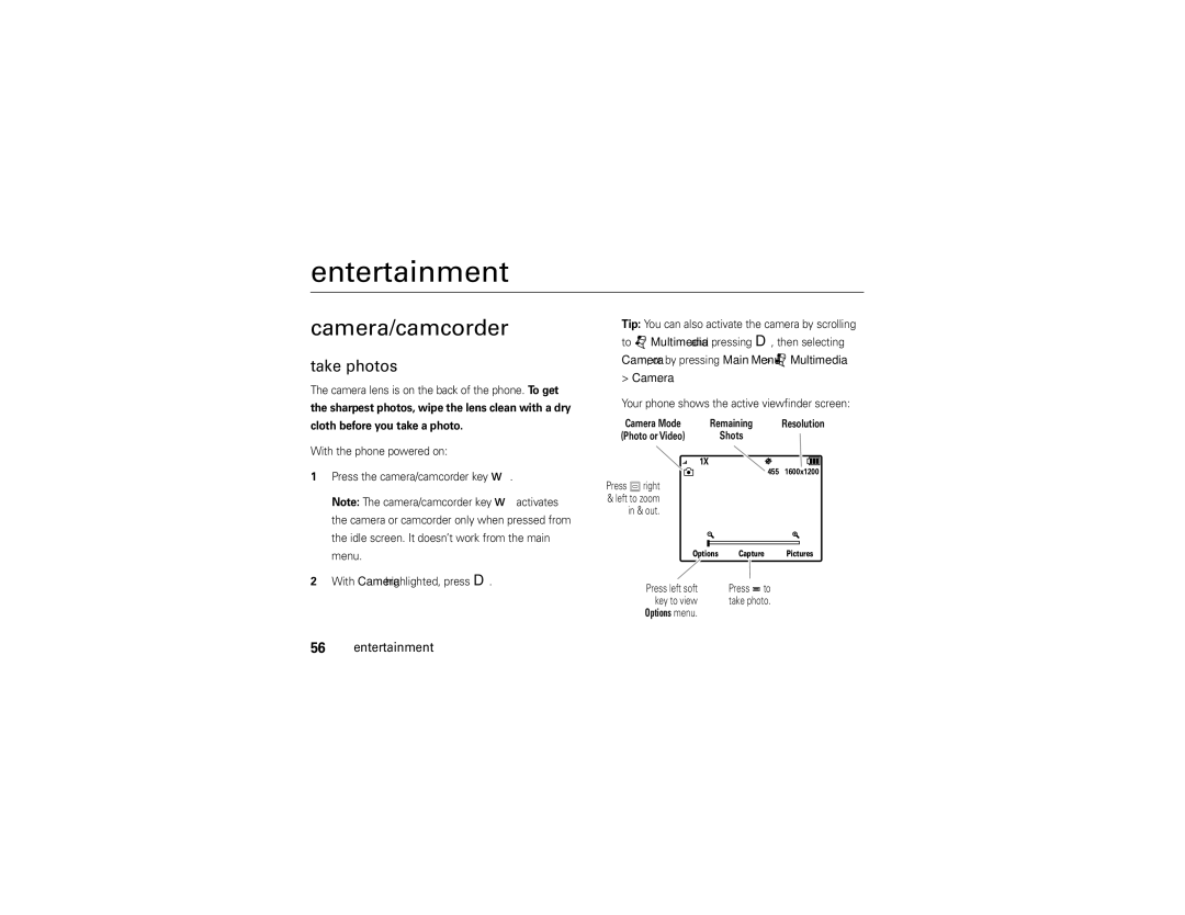 Motorola QA30 manual Entertainment, Camera/camcorder, Take photos 