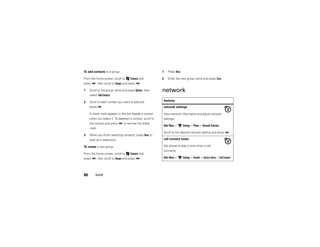 Motorola QA30 Main Menu u Settings Phone Network Selection, To add contacts to a group, Features Network settings 